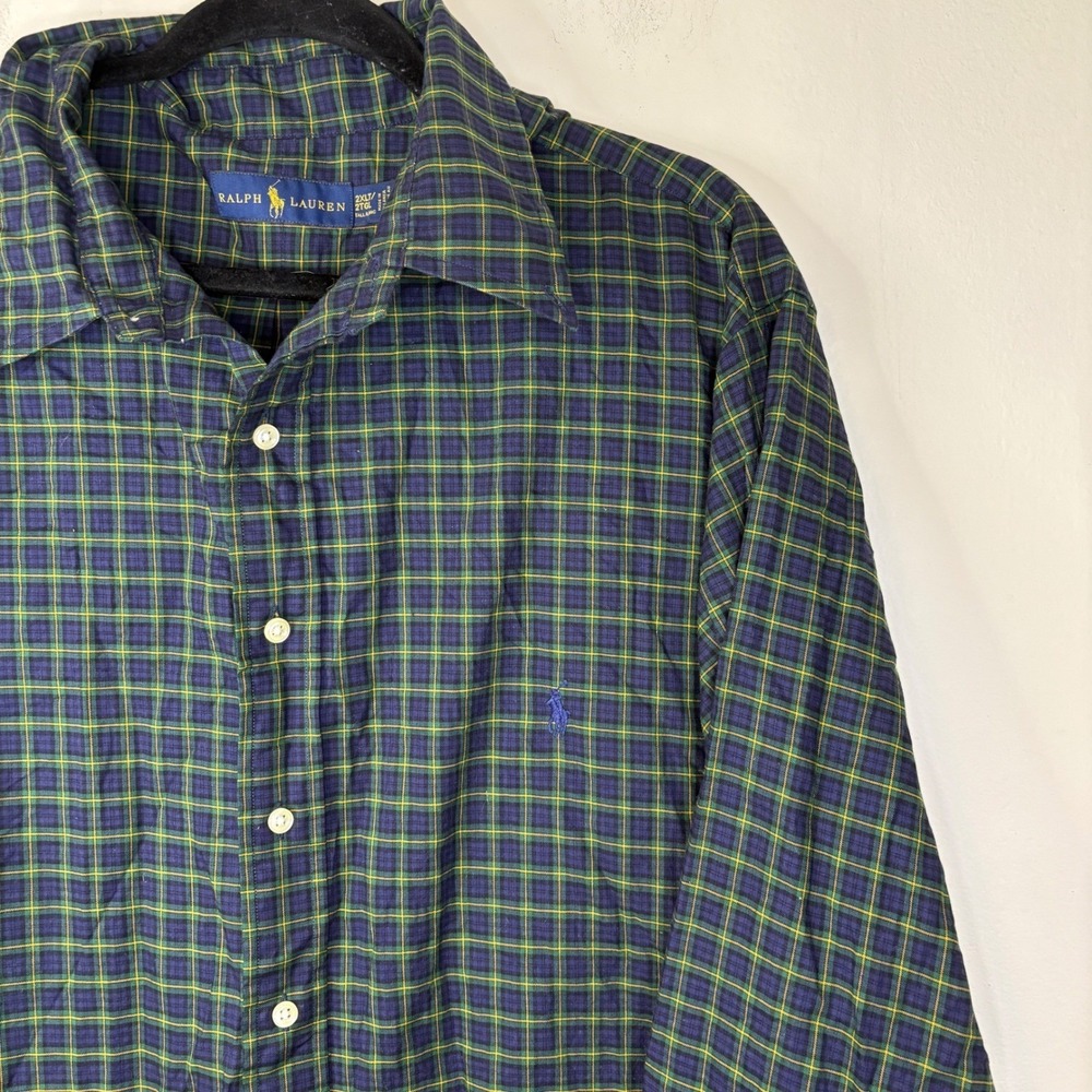 Ralph Lauren Mens 2XLT Button Down Shirt Blue Green Plaid Tall Long Sleeve Pony